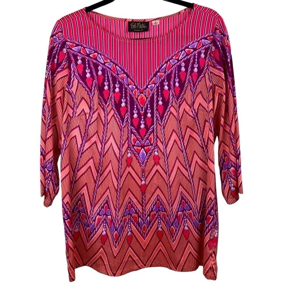 Vintage Bob Mackie Wearable Art Pink  Purple Long Sleeve Graphic Tunic Top sz M